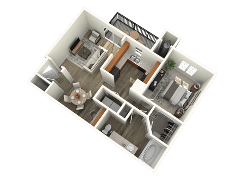 A 3D floor plan of a house showing a kitchen, living room, dining room, and bathrooms.